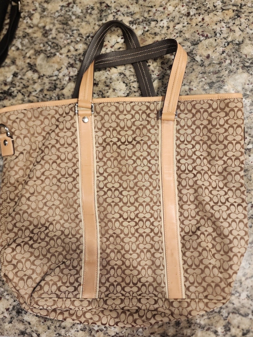 Coach Beige Monogram Canvas Tote with Tan Leather Trim